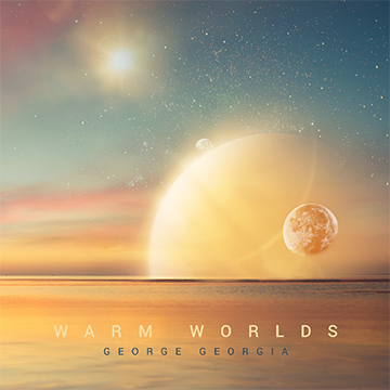 A sun setting over an ocean-scape with planets and stars